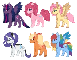 Size: 1280x1009 | Tagged: safe, artist:the-dragolotl, derpibooru import, applejack, fluttershy, pinkie pie, rainbow dash, rarity, twilight sparkle, twilight sparkle (alicorn), alicorn, earth pony, pegasus, pony, unicorn, base used, colored wings, ethereal mane, ethereal wings, fangs, female, food, image, mane six, mare, multicolored wings, png, rainbow wings, scar, sprinkles, starry mane, wings