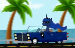 Size: 2833x1817 | Tagged: safe, artist:flammerfime, derpibooru import, princess luna, car, convertible, cool, cutie mark, image, jpeg, palm tree, road, seaside, solo, tree