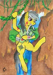 Size: 1159x1641 | Tagged: safe, artist:assertiveshypony, derpibooru import, daring do, pegasus, pony, bandage, blood, bush, cave, clothes, cutie mark, image, injured, injured wing, jpeg, plant, rock, traditional art, vine, waterfall, wings