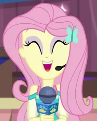 Size: 562x699 | Tagged: safe, derpibooru import, screencap, fluttershy, best in show: the victory lap, equestria girls, equestria girls series, spoiler:eqg series (season 2), ^^, clothes, cropped, cute, dress, earpiece, eyes closed, fluttershy boho dress, geode of fauna, hairpin, image, jewelry, magical geodes, microphone, necklace, open smile, pink eyeshadow, png, shyabetes, sleeveless, solo