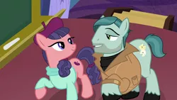 Size: 1920x1080 | Tagged: safe, derpibooru import, screencap, on stage, raspberry beret, earth pony, pony, horse play, beret, clothes, female, hat, image, jacket, looking at each other, male, mare, png, stallion