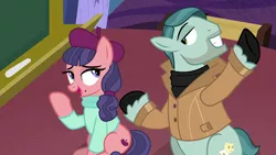 Size: 1920x1080 | Tagged: safe, derpibooru import, screencap, on stage, raspberry beret, earth pony, pony, horse play, beret, clothes, female, hat, image, jacket, male, png, stallion