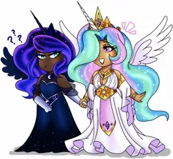 Size: 1975x1828 | Tagged: safe, artist:mscreepyplaguedoctor, derpibooru import, princess celestia, princess luna, human, alicorn humanization, alternate hairstyle, bracelet, chibi, clothes, crown, dark skin, dress, duo, evening gloves, female, gloves, grin, holding hands, horn, horned humanization, humanized, image, jewelry, jpeg, long gloves, question mark, regalia, royal sisters, siblings, simple background, sisters, smiling, white background, winged humanization, wings