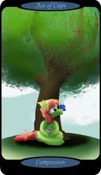 Size: 1500x2591 | Tagged: safe, artist:sixes&sevens, derpibooru import, part of a set, tree hugger, butterfly, earth pony, insect, ace of cups, female, food, image, lotus position, minor arcana, mug, outdoors, png, sitting, solo, tarot card, tea, tree
