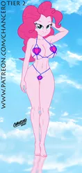 Size: 376x800 | Tagged: suggestive, artist:chancero, derpibooru import, pinkie pie, equestria girls, barefoot, bedroom eyes, belly button, big breasts, bikini, breasts, busty pinkie pie, clothes, feet, female, image, legs, micro bikini, png, solo, stupid sexy pinkie, swimsuit