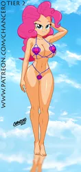 Size: 376x800 | Tagged: suggestive, alternate version, artist:chancero, derpibooru import, pinkie pie, equestria girls, barefoot, bedroom eyes, belly button, big breasts, bikini, breasts, busty pinkie pie, clothes, feet, female, human coloration, image, legs, micro bikini, png, solo, stupid sexy pinkie, swimsuit