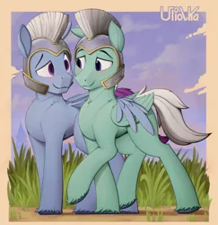 Size: 1944x2000 | Tagged: safe, artist:uliovka, derpibooru import, pegasus, pony, armor, cute, g5, gay, guard, image, looking at each other, male, png, royal guard, shipping, thunder (g5), wings, zoom zephyrwing