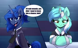 Size: 2000x1250 | Tagged: safe, artist:shadowreindeer, derpibooru import, lyra heartstrings, princess luna, android, robot, connor, crossover, detroit: become human, horn, horn ring, image, jewelry, jpeg, magic suppression, ring, rk800