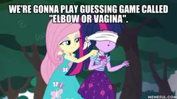 Size: 600x337 | Tagged: suggestive, deleted from derpibooru, derpibooru import, edit, edited screencap, screencap, fluttershy, sci-twi, twilight sparkle, equestria girls, equestria girls series, stressed in show, stressed in show: fluttershy, spoiler:eqg series (season 2), blindfold, caption, geode of telekinesis, image, image macro, jpeg, magical geodes, memeful.com, text