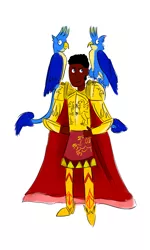 Size: 1200x2000 | Tagged: safe, artist:horsesplease, derpibooru import, gallus, oc, oc:anon, gryphon, human, armor, clothes, cosplay, costume, dark skin, derp, duality, image, male, perching, png