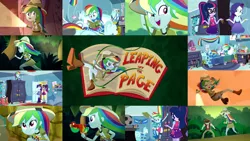 Size: 1280x721 | Tagged: safe, derpibooru import, edit, edited screencap, editor:quoterific, screencap, daring do, rainbow dash, rarity, sci-twi, twilight sparkle, eqg summertime shorts, equestria girls, leaping off the page, belt, book, boots, clothes, cutie mark, cutie mark on clothes, eyes closed, glasses, hat, image, jpeg, jungle, ponytail, rainbow dash's bedroom, running, shirt, shoes, vine