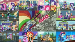 Size: 1280x721 | Tagged: safe, derpibooru import, edit, edited screencap, editor:quoterific, screencap, applejack, big macintosh, fluttershy, pinkie pie, rainbow dash, rarity, sci-twi, sunset shimmer, twilight sparkle, bird, eqg summertime shorts, equestria girls, get the show on the road, applejack's hat, bass guitar, boots, canterlot high, clothes, cowboy boots, cowboy hat, cute, cutie mark, cutie mark on clothes, denim skirt, drums, drumsticks, eyes closed, female, geode of empathy, geode of fauna, geode of shielding, geode of sugar bombs, geode of super speed, geode of super strength, geode of telekinesis, guitar, hairpin, hat, humane five, humane seven, humane six, image, jewelry, magical geodes, male, microphone, musical instrument, necklace, oil, png, ponied up, rainbow dash is not amused, rapper dash, school bus, shoes, shyabetes, skirt, smiling, tambourine, the rainbooms, the rainbooms tour bus, twiabetes, unamused, wings