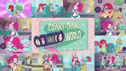 Size: 1280x721 | Tagged: safe, derpibooru import, edit, edited screencap, editor:quoterific, screencap, pinkie pie, coinky-dink world, eqg summertime shorts, equestria girls, apron, cafeteria, clothes, cute, dancing, diapinkes, eyes closed, female, image, jpeg, male, roller skates