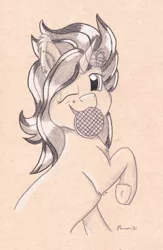 Size: 3144x4827 | Tagged: safe, artist:peruserofpieces, derpibooru import, oc, pony, unicorn, drawing, female, flower, flower in hair, fluffy, food, image, jewelry, jpeg, looking at you, mare, mouth hold, one eye closed, raised hoof, smiling, toned paper, traditional art, waffle, wink, winking at you