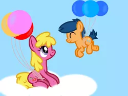 Size: 2048x1536 | Tagged: safe, artist:apronspawn, derpibooru import, cherry berry, first base, earth pony, pony, balloon, cherrybase, cloud, colt, crush, eyes closed, female, image, male, mare, on a cloud, png, shipping, simple background, sitting, sitting on cloud, sky, sky background, smiling, straight