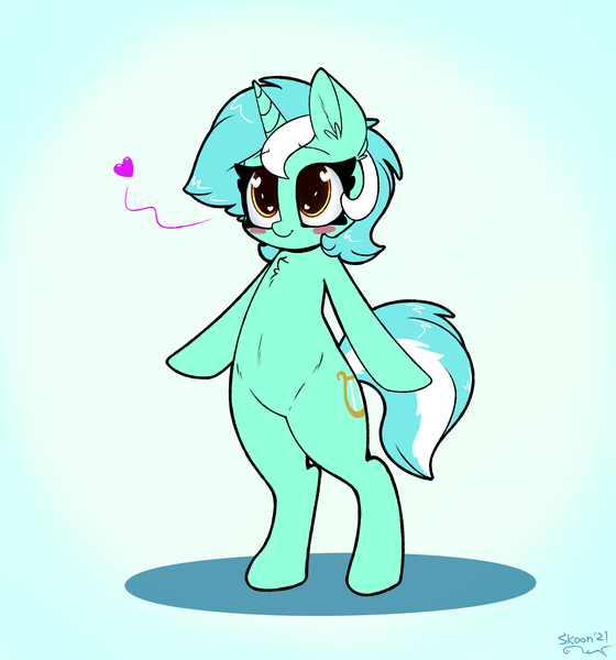 Size: 2800x3000 | Tagged: safe, artist:skoon, derpibooru import, lyra heartstrings, semi-anthro, unicorn, blush sticker, blushing, cute, female, floating heart, heart, heart eyes, image, lyrabetes, png, redraw, solo, standing, wingding eyes