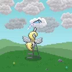 Size: 600x600 | Tagged: safe, artist:silent pone, derpibooru import, derpy hooves, pegasus, pony, cloud, derpibooru exclusive, female, grass, image, kite, ladder, mare, pixel art, png, reaching, spread wings, stuck, wings