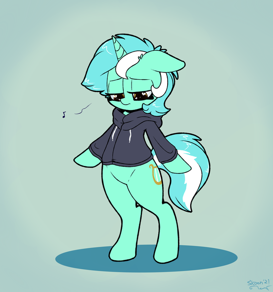 Size: 2800x3000 | Tagged: safe, alternate version, artist:skoon, derpibooru import, lyra heartstrings, semi-anthro, unicorn, fanfic:background pony, broken hearts, clothes, cute, dig the swell hoodie, female, heart eyes, hoodie, humming, image, lyrabetes, png, redraw, sad, sadorable, solo, standing, wingding eyes