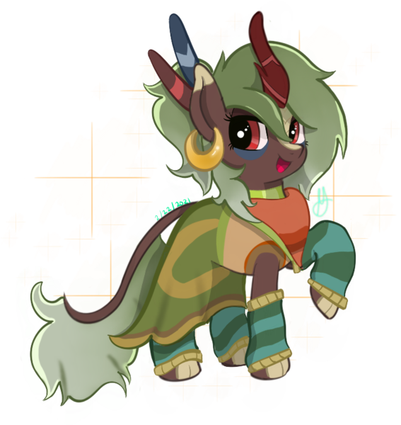 Size: 725x767 | Tagged: safe, artist:orbitingdamoon, derpibooru import, oc, oc:bush sapling, unofficial characters only, kirin, bandana, clothes, female, green mane, image, leg warmers, long mane, long tail, mare, png, red eyes, simple background, smiling, solo, transparent background