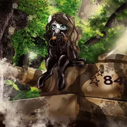 Size: 2000x2000 | Tagged: suggestive, artist:mdwines, derpibooru import, oc, oc:chocolate fudge, earth pony, clothes, female, gas mask, gas mask fetish, image, latex, mask, military uniform, png, rubber suit, solo, tiger i, uniform