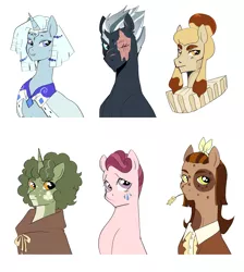 Size: 2173x2422 | Tagged: safe, artist:aztrial, derpibooru import, chancellor puddinghead, clover the clever, commander hurricane, princess platinum, private pansy, smart cookie, earth pony, pegasus, unicorn, curly mane, eyeshadow, founders of equestria, freckles, headcanon, headcanon in the description, image, makeup, missing eye, png, scar, scarred