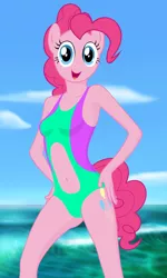 Size: 2100x3500 | Tagged: safe, anonymous editor, artist:lexx disaster, derpibooru import, edit, pinkie pie, anthro, earth pony, belly button, bicolor swimsuit, clothes, female, image, jpeg, ocean, solo, swimsuit