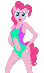 Size: 2100x3500 | Tagged: safe, anonymous editor, artist:lexx disaster, derpibooru import, edit, pinkie pie, anthro, earth pony, belly button, bicolor swimsuit, clothes, female, image, png, simple background, solo, swimsuit, transparent background