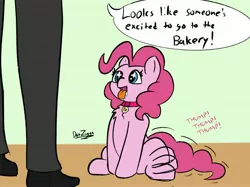 Size: 2732x2048 | Tagged: safe, derpibooru import, pinkie pie, earth pony, human, pony, behaving like a dog, chest fluff, collar, drool, image, jpeg, tongue out, twitchy tail