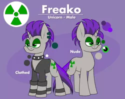 Size: 2308x1825 | Tagged: safe, artist:moonatik, derpibooru import, oc, oc:freako, unofficial characters only, pony, unicorn, clothes, collar, commission, ear piercing, earring, eyeshadow, image, jewelry, makeup, male, piercing, png, reference sheet, solo, spiked collar, stallion, wristband