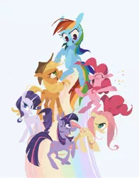 Size: 2414x3077 | Tagged: safe, artist:frozenspoots, derpibooru import, applejack, fluttershy, pinkie pie, rainbow dash, rarity, twilight sparkle, earth pony, pony, unicorn, confetti, eyes closed, female, floppy ears, high res, image, jpeg, mane six, mare, open mouth, rainbow trail, unicorn twilight, wingless