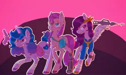 Size: 3348x2000 | Tagged: safe, artist:claire205715, derpibooru import, izzy moonbow, pipp, sunny starscout, earth pony, pegasus, pony, unicorn, fallout equestria, clothes, g5, gun, image, jpeg, prosthesis, scar, vault suit, weapon