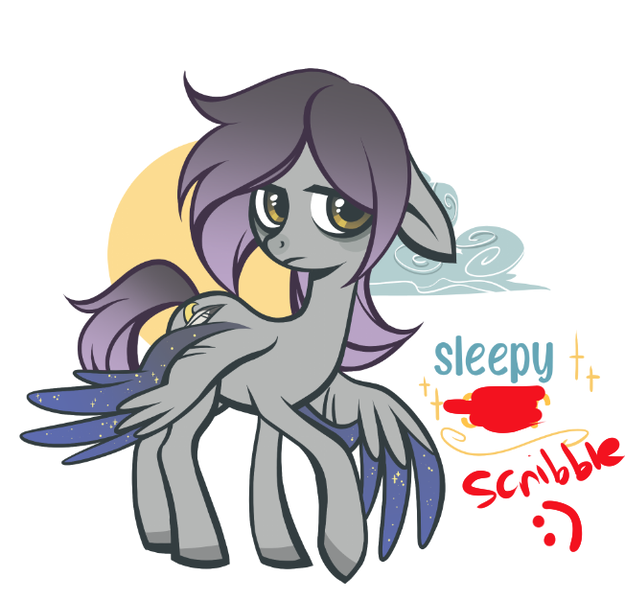 Size: 652x626 | Tagged: safe, alternate version, artist:glacierclear, derpibooru import, oc, oc:sleepy scribble, unofficial characters only, pegasus, pony, :), bags under eyes, cloud, colored hooves, colored wings, female, fixed, floppy ears, image, lidded eyes, looking at you, mare, moon, multicolored wings, pegasus oc, png, raised hoof, solo, spread wings, starry wings, wings