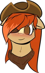 Size: 1021x1668 | Tagged: safe, artist:hellblazer911, derpibooru import, oc, oc:rose acre, unofficial characters only, pegasus, pony, bandana, blushing, brown eyes, bust, cowboy hat, cute, eyepatch, female, floppy ears, hair over one eye, hat, image, long mane, neck fluff, png, portrait, simple background, smiling, solo, transparent background