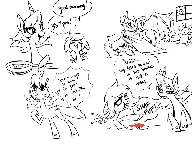 Size: 1232x927 | Tagged: safe, artist:glacierclear, derpibooru import, oc, oc:sleepy scribble, oc:sunny sorbet, pegasus, pony, unicorn, blanket, cooking, dialogue, duo, eyes closed, female, food, freckles, french fries, hay fries, horn, hot sauce, image, jpeg, lidded eyes, mare, monochrome, neo noir, partial color, pegasus oc, plushie, raised hoof, roommates, simple background, sketch, sleeping, speech bubble, spread wings, sun, talking with your mouth full, tucking in, unicorn oc, white background, wings
