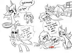 Size: 1232x927 | Tagged: safe, artist:glacierclear, derpibooru import, oc, oc:sleepy scribble, oc:sunny sorbet, pegasus, pony, unicorn, blanket, cooking, dialogue, duo, eyes closed, female, food, freckles, french fries, hay fries, horn, hot sauce, image, jpeg, lidded eyes, mare, monochrome, neo noir, partial color, pegasus oc, plushie, raised hoof, roommates, simple background, sketch, sleeping, speech bubble, spread wings, sun, talking with your mouth full, tucking in, unicorn oc, white background, wings