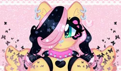 Size: 4096x2403 | Tagged: safe, artist:bunxl, derpibooru import, fluttershy, pegasus, pony, collar, ear piercing, earring, emoshy, glitter, heart, image, jewelry, jpeg, nose piercing, nose ring, piercing, ponymania, solo, spiked collar, spread wings, wings