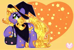 Size: 3000x2000 | Tagged: safe, artist:bunxl, derpibooru import, abra-ca-dabra, earth pony, pony, bag, candy, cape, clothes, food, g3, hat, image, jpeg, smiling, solo, witch hat