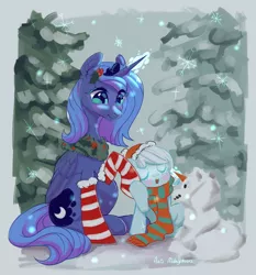 Size: 3000x3220 | Tagged: safe, artist:ariamidnighters, derpibooru import, princess luna, oc, oc:snowdrop, alicorn, pegasus, pony, christmas, christmas stocking, clothes, cute, duo, eyes closed, female, filly, hat, high res, holiday, holly, image, mare, open mouth, png, s1 luna, scarf, snow, snowfall, snowflake, snowpony, socks, striped socks, winter, wreath