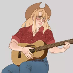 Size: 3000x3000 | Tagged: safe, artist:rdstartie, derpibooru import, applejack, human, acoustic guitar, alternate hairstyle, applejack's hat, blushing, clothes, cowboy hat, female, freckles, gray background, guitar, hat, humanized, image, jeans, musical instrument, pants, png, shirt, simple background, solo