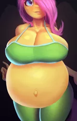Size: 512x800 | Tagged: suggestive, anonymous editor, artist:maarthul, edit, fluttershy, anthro, pegasus, 4chan, belly, belly button, big belly, big breasts, breasts, busty fluttershy, cleavage, clothes, female, hair over one eye, huge belly, huge breasts, image, impossibly large belly, leggings, midriff, pants, png, sexy, sideboob, smiling, solo, solo female, sports bra, stupid sexy fluttershy, thigh gap, /trash/, yoga pants