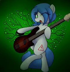 Size: 1981x2048 | Tagged: safe, artist:datte-before-dawn, oc, oc:mal, unofficial characters only, earth pony, pony, bipedal, circuit, eye clipping through hair, female, guitar, guitar pick, jpeg, mare, musical instrument, one eye closed, open mouth, solo, wink