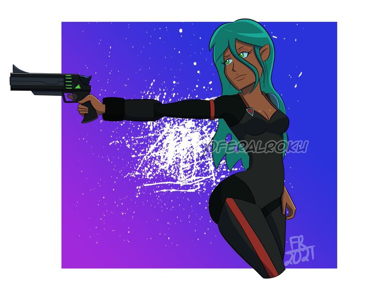 Size: 1200x957 | Tagged: safe, artist:feralroku, derpibooru import, queen chrysalis, human, blaster, breasts, cleavage, crossover, dark skin, final space, gun, humanized, image, jpeg, sheryl goodspeed, solo, trigger discipline, weapon