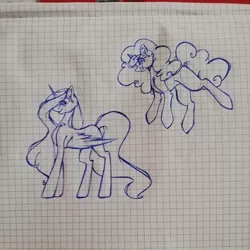 Size: 1080x1080 | Tagged: safe, artist:tessa_key_, derpibooru import, oc, unofficial characters only, alicorn, pony, unicorn, alicorn oc, duo, eyelashes, female, flying, graph paper, horn, image, jpeg, lineart, mare, smiling, traditional art, unicorn oc, wings