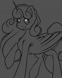 Size: 1080x1350 | Tagged: safe, artist:tessa_key_, derpibooru import, princess flurry heart, alicorn, pony, eyelashes, female, gray background, horn, image, jpeg, lineart, mare, monochrome, older, older flurry heart, raised hoof, simple background, smiling, solo, wings