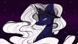 Size: 1080x608 | Tagged: safe, artist:tessa_key_, derpibooru import, princess luna, alicorn, pony, alternate design, bust, ethereal mane, eyelashes, female, horn, horn jewelry, image, jewelry, jpeg, mare, night, redesign, smiling, solo, starry mane, stars