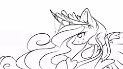 Size: 1080x608 | Tagged: safe, artist:tessa_key_, derpibooru import, princess cadance, alicorn, pony, alternate design, bust, curved horn, ear fluff, ethereal mane, eyelashes, female, horn, horn jewelry, image, jewelry, jpeg, lineart, mare, monochrome, peytral, redesign, simple background, smiling, solo, starry mane, tiara, white background, wings
