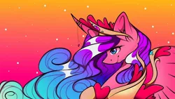 Size: 1080x608 | Tagged: safe, alternate version, artist:tessa_key_, derpibooru import, princess cadance, alicorn, pony, abstract background, alternate design, bust, colored, curved horn, ear fluff, ethereal mane, eyelashes, female, horn, horn jewelry, image, jewelry, jpeg, mare, peytral, redesign, smiling, solo, starry mane, stars, tiara, wings