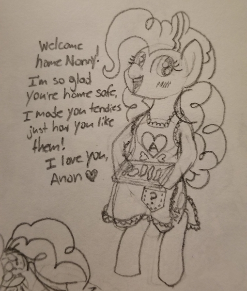 Size: 1960x2307 | Tagged: safe, artist:legendoflink, derpibooru import, pinkie pie, pony, apron, clothes, cute, diapinkes, heart, image, jpeg, looking at you, motivational, standing up, talking to viewer, tendies, text