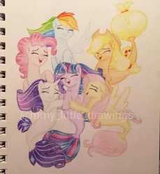 Size: 1078x1176 | Tagged: safe, artist:mmy_little_drawings, derpibooru import, applejack, fluttershy, pinkie pie, rainbow dash, rarity, twilight sparkle, seapony (g4), eyelashes, eyes closed, female, hat, horn, image, jpeg, mane six, obtrusive watermark, open mouth, seaponified, smiling, species swap, traditional art, watermark