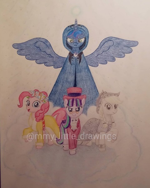 Size: 1079x1349 | Tagged: safe, artist:mmy_little_drawings, derpibooru import, applejack, pinkie pie, princess luna, snowfall frost, spirit of hearth's warming past, spirit of hearth's warming presents, spirit of hearth's warming yet to come, starlight glimmer, alicorn, earth pony, pony, unicorn, cloak, clothes, eyelashes, female, frown, hat, horn, image, jpeg, mare, obtrusive watermark, spread wings, top hat, traditional art, watermark, wings